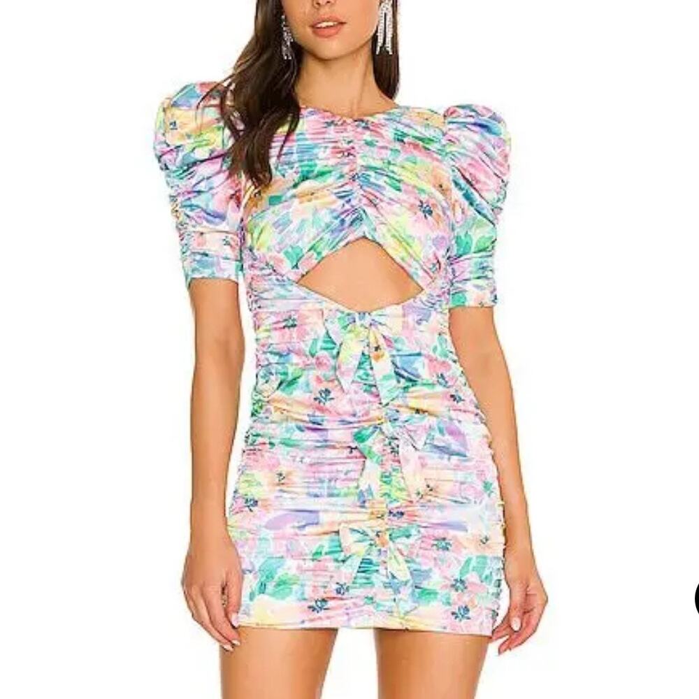 For Love & Lemons M Blaire Mini Dress Floral Cutout Puff Sleeve Ruched Bows